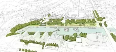 Quai Malakoff, les voitures laissent progressivement place aux piétons pour en faire une plage urbaine dotée d'une ambiance conviviale et ludique baptisée Quai des Pins.  © TER