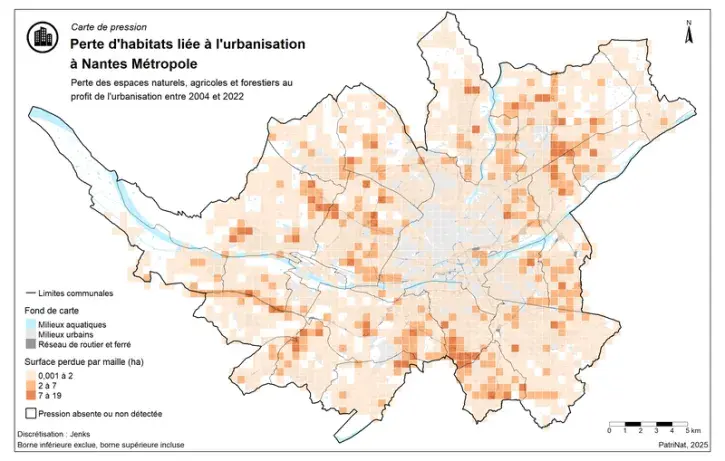 Carte des pressions exercées sur la biodiversité par l'urbanisation dans la métropole nantaise.