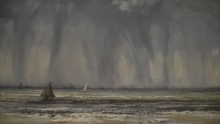 Un tableau de Gustave Courbet montrant un bateau pris dans la tempête.