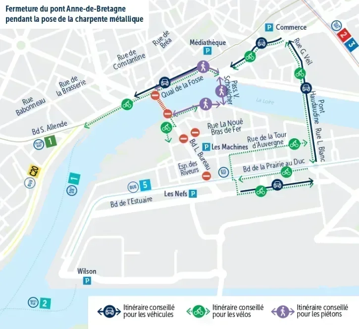 Cartographie des déviations prévues lors de la pose de la charpente métallique du pont Anne-de-Bretagne