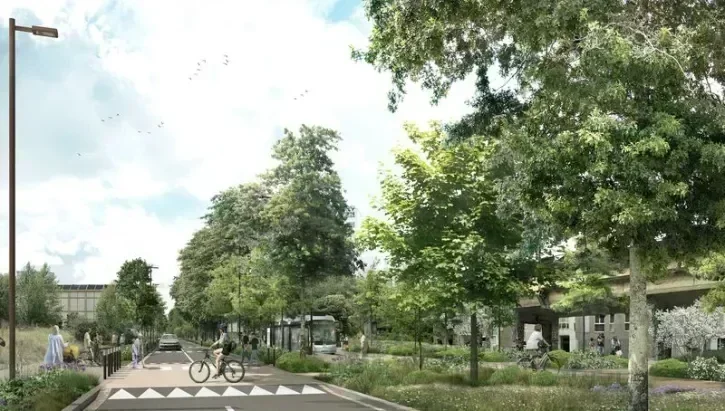 Image de synthèse du boulevard Bénoni-Goullin réaménagé, avec le busway, les voies véhicules, la voie vélo et des trotoirs confortables.