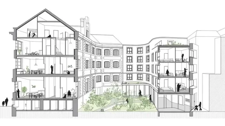 Dessin d'architecture, en coupe, de la réhabilitation du bâtiment du Crédit municipal de Nantes.