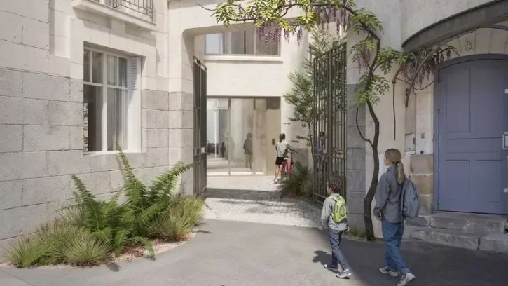 Image de synthèse montrant des enfants entrant dans une résidence.