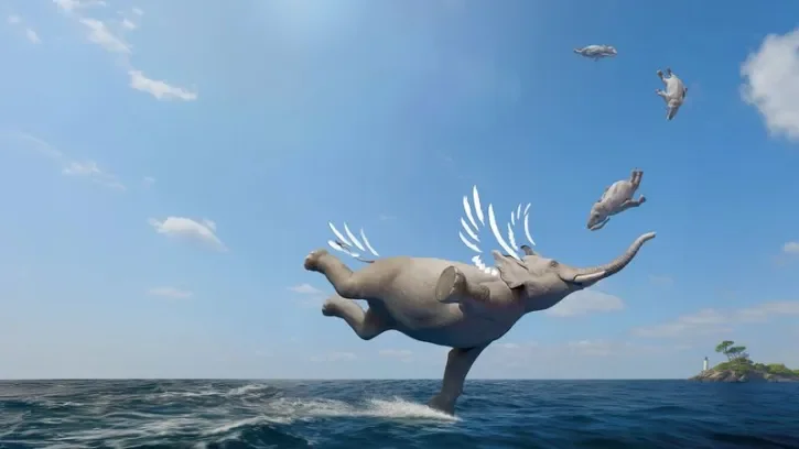 Un éléphant en image animée en train de voler au-dessus de l'eau.
