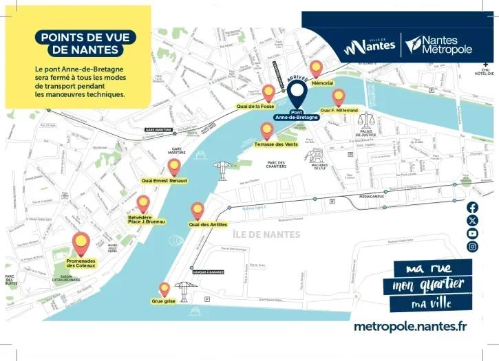 Carte situant les lieux où se placer à Nantes pour apercevoir la barge transportant le tablier du pont Anne-de-Bretagne. 