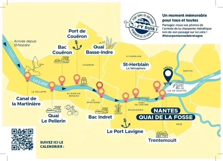 carte situant les endroits où se placer le long de la Loire pour apercevoir la barge remonter la Loire.