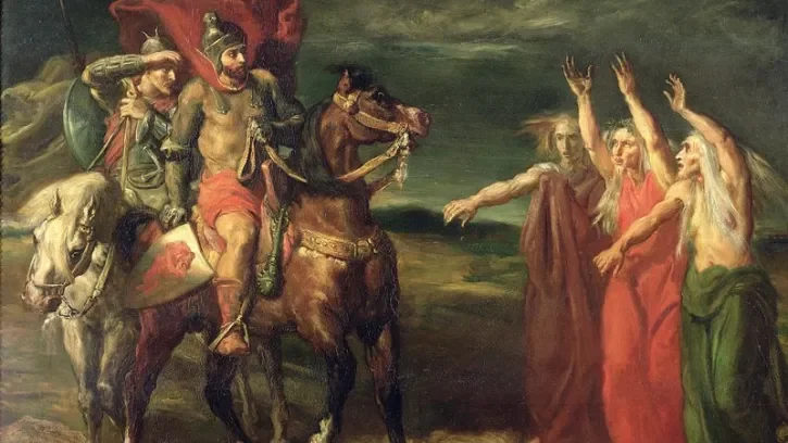 Une peinture représentant Macbeth et trois sorcières. 