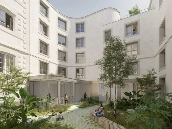 Image de synthèse d'une résidence de logement, avec son jardin central.