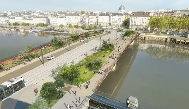 Perspective aérienne du futur pont Anne-de-Bretagne avec le passage d'un tramway, la promende piétonne, des bandes cyclables et deux voies pour les véhicules.  