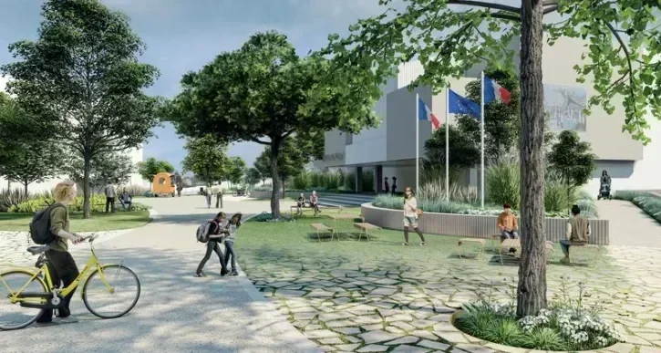 Image de synthèse de la future place de la mairie à Saint-Sébastien-sur-Loire, avec des piétons qui profitent des espaces verts et du mobilier urbain. 