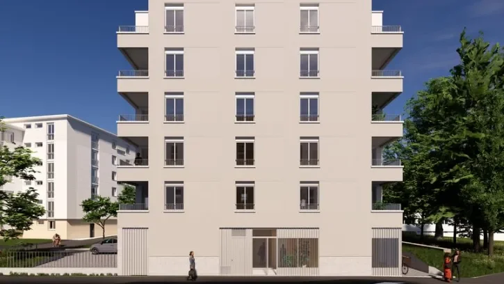 Façade du projet d'habitat participatif rue de la Riveterie, quartier Bottière Pin-Sec à Nantes.