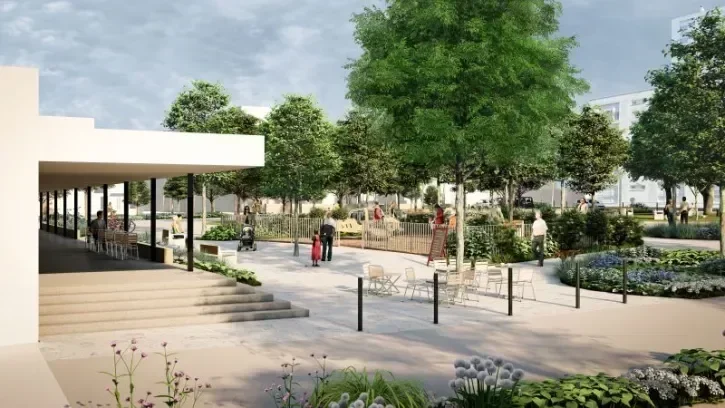 Projection de la future place du Carré Gris avec au premier plan un pareterre de fleur, une terrasse ombragée et une aire de jeux entourée d'arbres. 