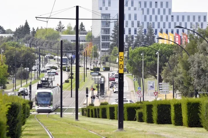 Vue du boulevard Salvador-Allende avec un tramway circulant sur la plateforme engazonnée centrale et des voitures sur les voies latérales.  