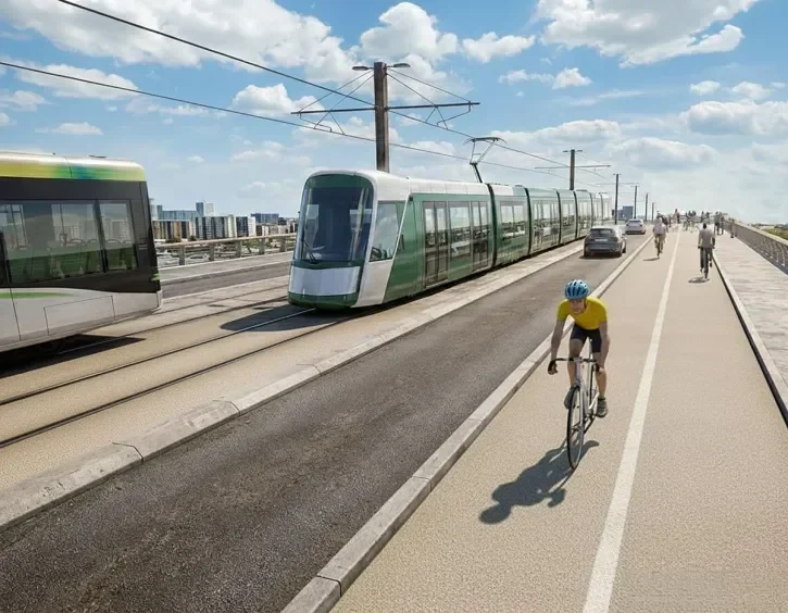 Image de synthèse représentant le futur pont des Trois-Continents avec un tramway et un busway qui se croisent sur une plateforme centrale, une voiture circule sur une voie latérale et des cyclistes sur une large bande cyclable.