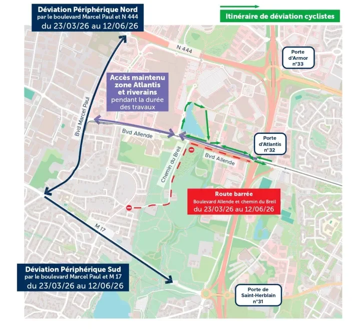 Plan de déviations dans le cadre des travaux boulevard Salvador-Allende à Saint-Herblain. 