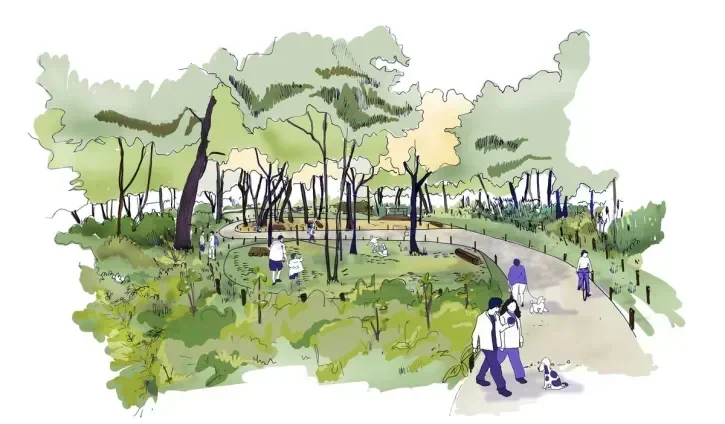 Dessin d'ambiance des aménagements sur la promenade de la Chézine, à Nantes.