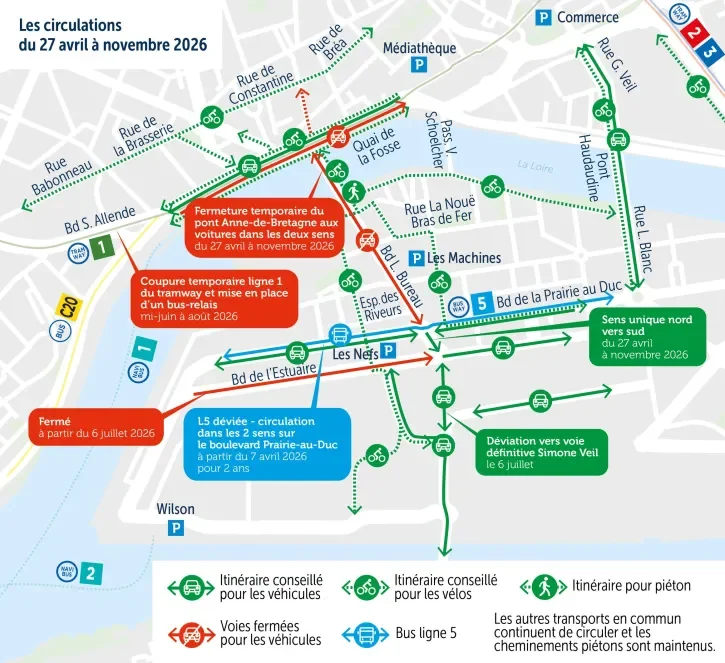 Carte des déviations mises en place en prévision de la fermeture du pont Anne-de-Bretagne.