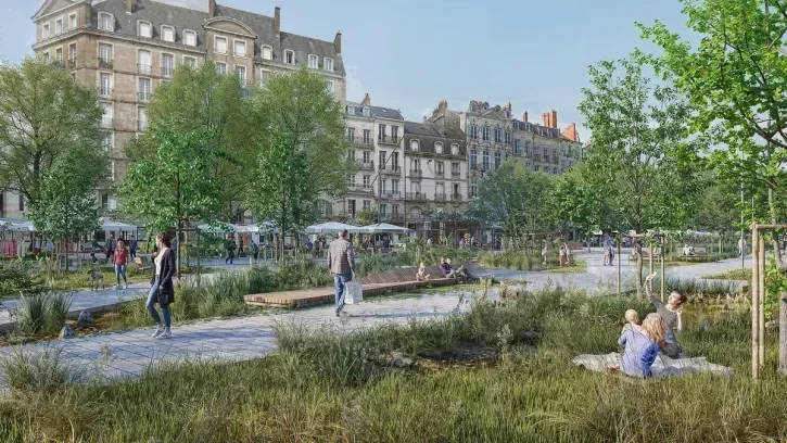Image de synthèse du futur parc urbain de Gloriette Petite-Hollande, avec son marché sous les arbres.