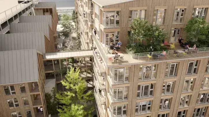 Les bâtiments, qui allient béton, structure bois pour les charpentes des toitures et une façade à ossature bois pour l'un des immeubles, seront reliés par des cours végétalisées. © Quartus – Chemetoff & Associés
