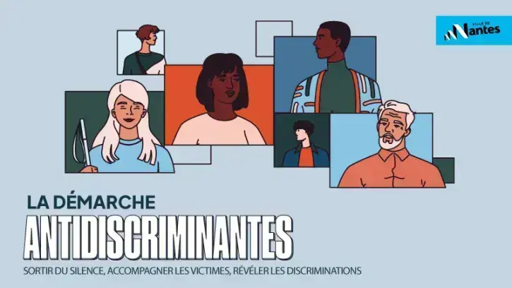 Affiche de la démarche antidiscrimiNantes composée de dessins de six personnes de sexe, âge et couleurs différentes. L'une d'elle tient une canne blanche dans la main, l'un des garçons est appareillé auditivement. 