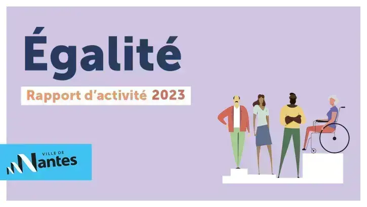 couverture du rapport égalité avec le mot égalité en gras et une illustration de 4 personnes, deux femmes et deux hommes, de couleur de peau différentes, d'âge différents et d'handicap différents