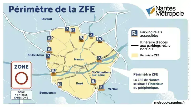 Le périmètre de la ZFE a été défini à l'intérieur du périphérique nantais. Les parkings-relais à proximité restent cependant accessibles.