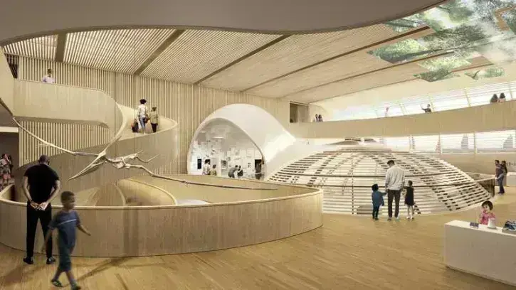 Sorte de cocon en bois, la salle des origines sera un lieu de déambulation et de réflexion permettant de comprendre les enjeux de demain pour mieux « Habiter la terre » © Moatti & Rivière.
