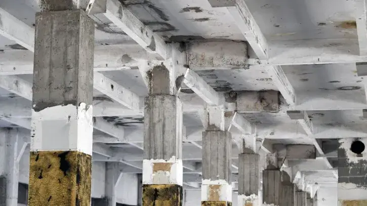 Le béton armé, élément structurant. La "forêt" de poteaux-poutres en béton armé, élément emblématique du bâtiment, sera conservé dans l'aménagement de la future Cité des imaginaires © Rodolphe Delaroque.