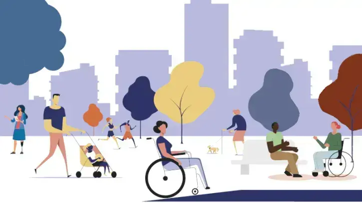 L'illustration présente le parc d'une grande ville avec au premier plan une femme en fauteuil roulant grimant sur une rampe d'accès, plus loin un homme poussant une poussette, un homme sur un banc discutant avec une femme en fauteuil, une dame âgée promen