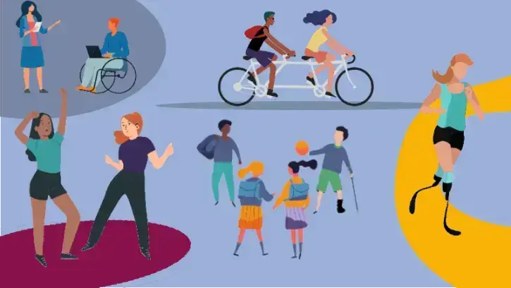 L'illustration présente deux jeunes femmes qui dansent, un groupe d'écoliers et d'écolières dont un en situation de handicap qui jouent au ballon, une athlète qui cours sur une piste avec deux prothèses aux jambes, deux personnes sur un vélo-tandem et une