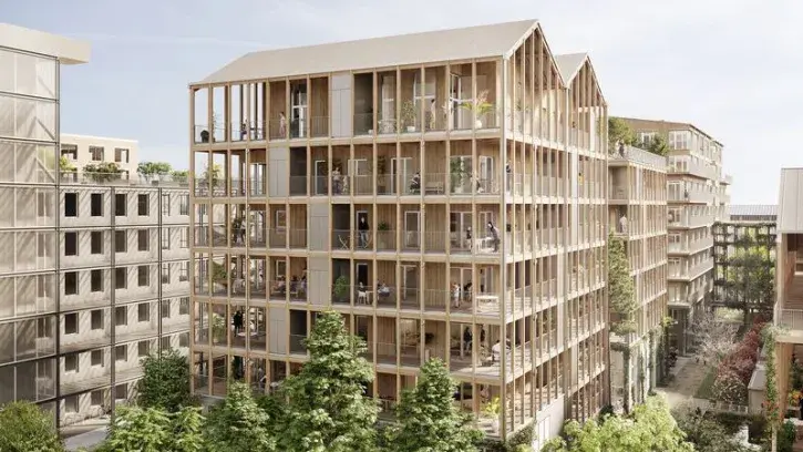 L'îlot Bergeron comprend 4 bâtiments : 2 immeubles de 39 logements et 2 immeubles qui accueilleront le siège de Doctolib et des jeunes pousses des industries culturelles et créatives. © Quartus – Chemetoff & Associés