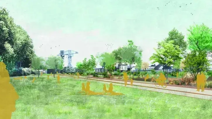 Image d'ambiance du futur Jardin du rail qui prendra place sur la friche ferroviaire, entre le Hangar à bananes et le Solilab. © AJOA LAQ