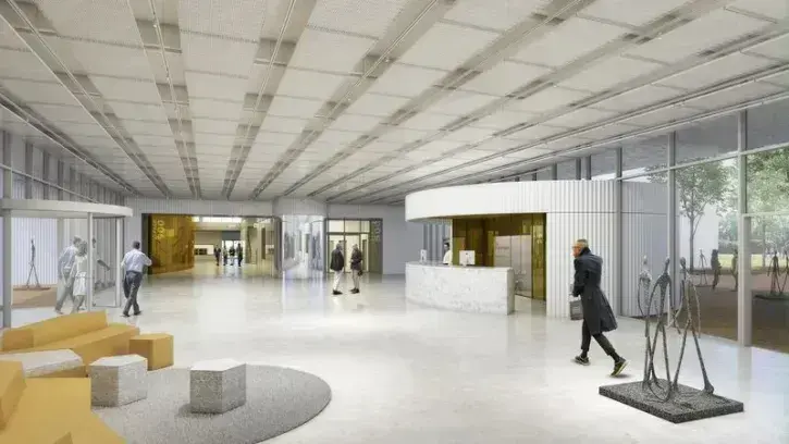Le projet de rénovation du hall : un espace traversant, ouvert vers l'extérieur, avec un accueil bien identifié (© atelier d'architecture King Kong / José Llorens / Noémie Quienne).