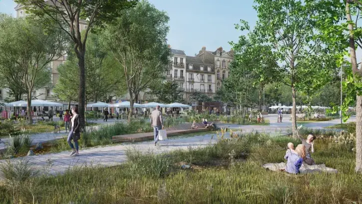 Vue du futur parc-archipel vers les façades du quai de la Fosse. © Agence TER