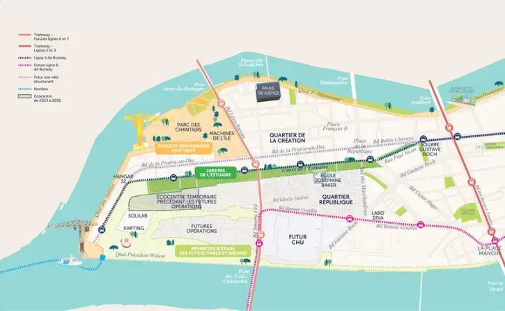 Irrigué par deux grands axes – le boulevard Simone-Veil, entre le pont Anne-de-Bretagne et le pont des Trois-Continents, et un second axe reliant le centre historique de Nantes et le futur hôpital, le quartier République sera connecté aux nouvelles lignes