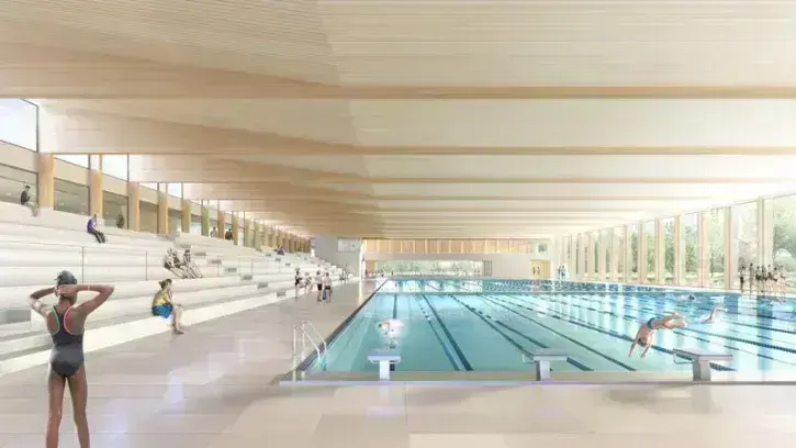  Le futur bassin olympique métropolitain ouvrira à Rezé en 2029 © BVL Architecture et BBM Architectes – Perspectives par Cokaliti Illustration.