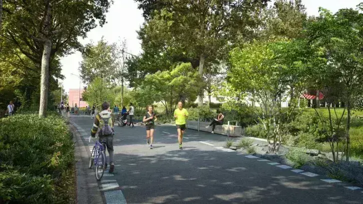 La rue Christian-Pauc sera transformée en voie piétonne et cyclable, agrémentée de salons équipés de bancs et de tables de pique-nique.  ©  Ateliers up / Keran