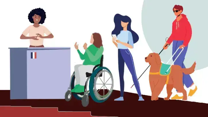 L'illustration présente un guichet derrière lequel une femme s'exprime en langue des signes française avec une femme en fauteuil roulant qui signe également. Dans la file d'attente une femme attend, téléphone en main, puis un homme aveugle avec sa canne e