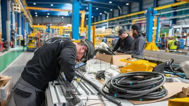 En face, ce sont les câblages, véritables « nerfs de la bête » qui sont positionnés à l'intérieur de la rame et testés, minutieusement. © Patrick Garçon