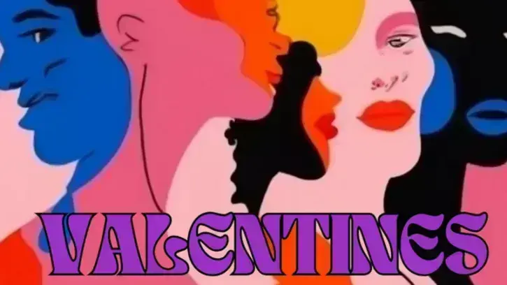 L'affiche des Saintes Valentines propose un dessin coloré illustrant des visages de femmes et d'hommes entremêlés