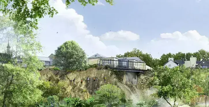 A partir de l'automne 2025, sur ce site magique, il sera possible de faire de la slackline, de la via-ferrata et de l'escalade accroché aux parois de granite du Sillon de Bretagne. © Phytolab