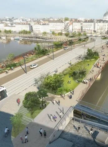 perspective aérienne du futur pont Anne-De-Bretagne, vue du Sud.